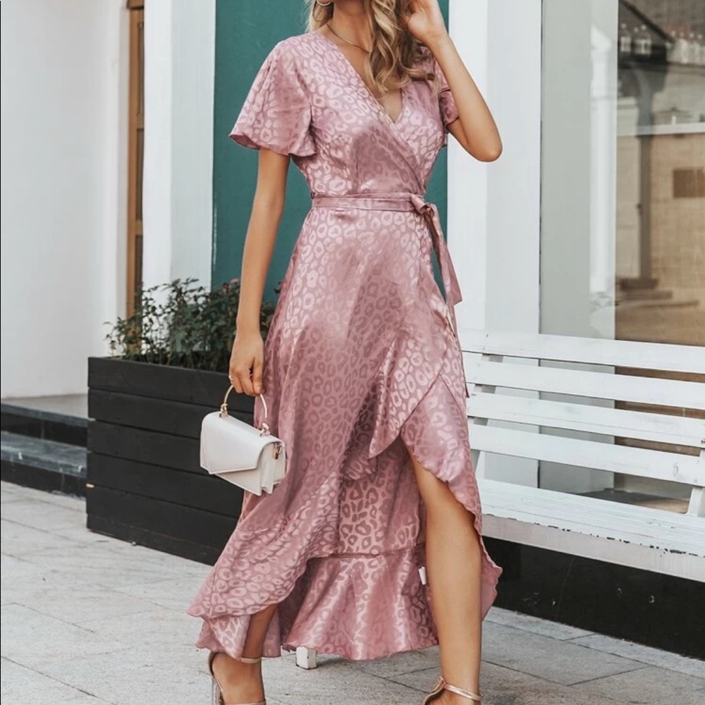 Asymmetrical Leopard Ruffle Wrap Satin Dress